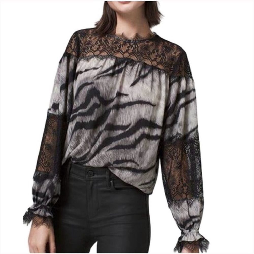 White House Black Market Lace and Tiger Animal Print Long Sleeve Blouse XS